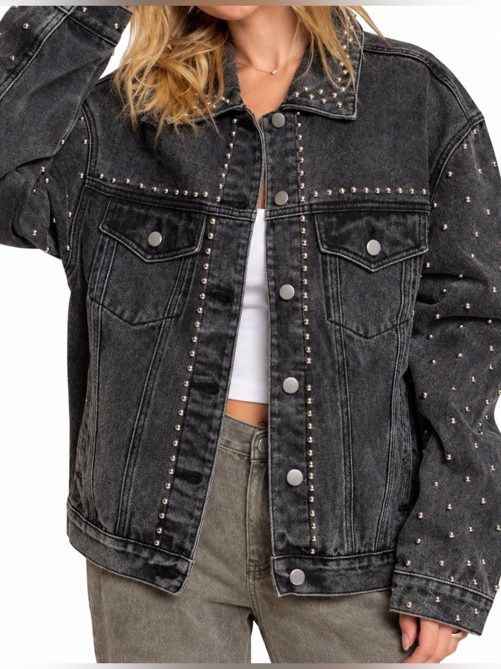 POL Washed Black Studded Oversized Denim Jacket Distressed Size M